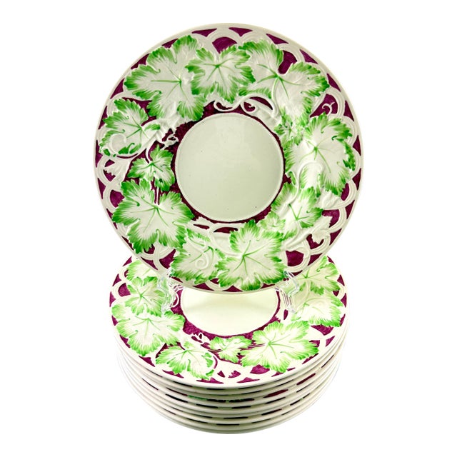 Wedgwood Hand Painted Burgundy & Green Leaf Plates, Set of 10 For Sale