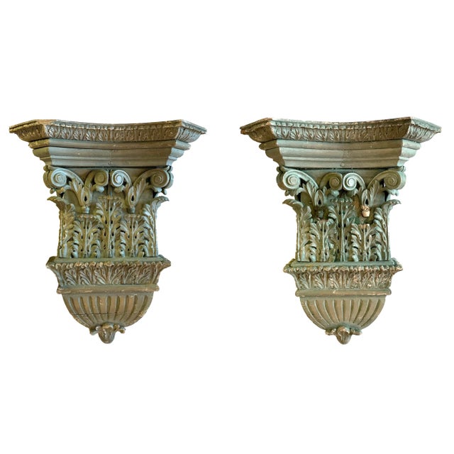 Opulent pair of early 19th century Federal style, pine pilaster capitals. Beautifully carved full entablature features...