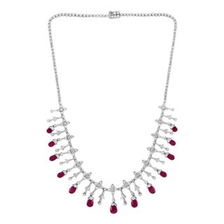18 Ct Natural Ruby Briolette & 8 Ct Diamond Necklace 18 Karat White Gold, Estate For Sale