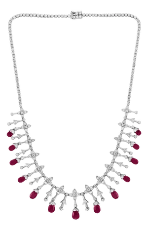 18 Ct Natural Ruby Briolette & 8 Ct Diamond Necklace 18 Karat White Gold, Estate