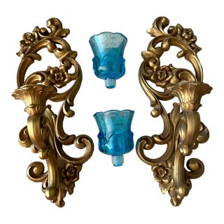 Vintage Pair Syroco Homco Gold Wall Candle Sconces Flowers Hollywood Regency 4118 For Sale