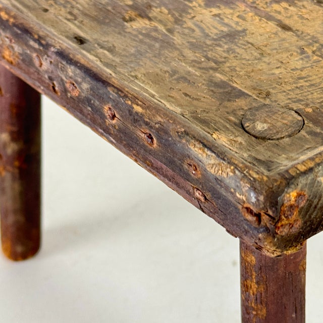 Wood Exquisite Patina on Small Primitive Antique Wood Stool/Table, Salesman Sample For Sale - Image 7 of 11