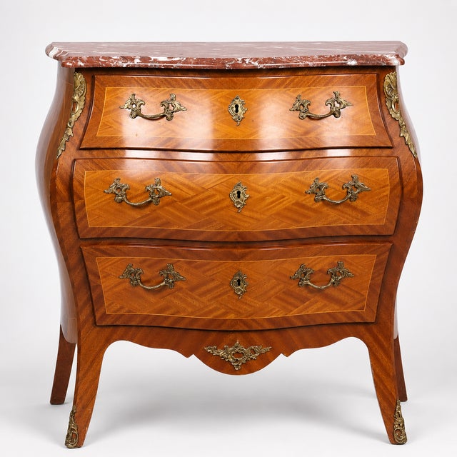 Marquetry Chest of Drawers in Mixed-Wood Veneer with Brass Mounts and Marble Top, 1920s For Sale - Image 6 of 8