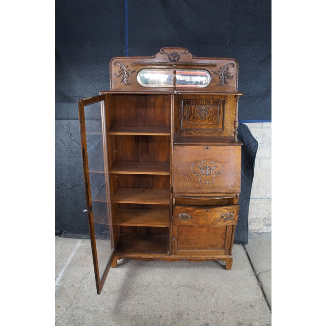 Antique Quartersawn Oak Side by Side Secretary Desk Bookcase Curio Cabinet For Sale - Image 4 of 13