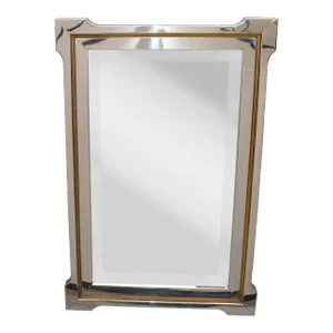 Pierre Cardin Style Mid-Century Modern Chrome, Brass & Wood Beveled Wall Mirror