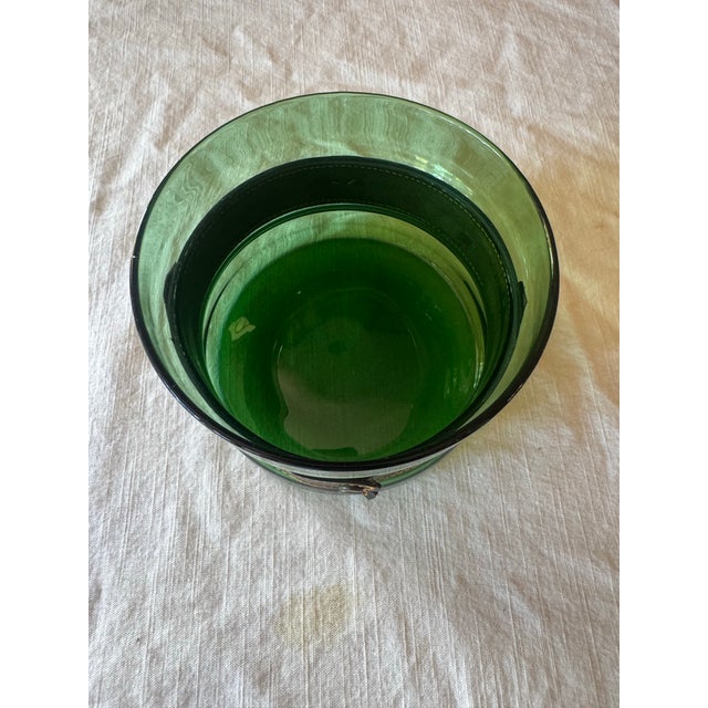 French Vintage Emerald Glass Ice Bucket With Removal Leather Strap For Sale - Image 3 of 5