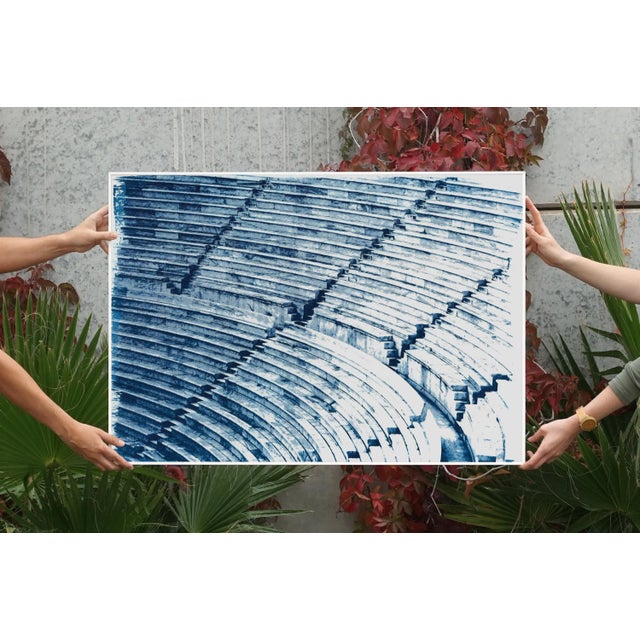 Art Deco 100x70cm, Colossal Greek Marble Amphitheater Blueprint, Cyanotype Hand Printed on Watercolor Paper, Classical Style For Sale - Image 3 of 13