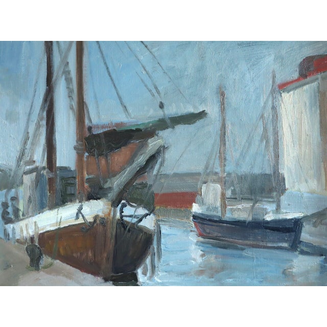 1953 Mid-Century Modern 'Harbour at Rest' Vintage Original Swedish Expressive Seascape Oil Painting, Framed For Sale - Image 10 of 11
