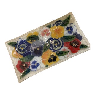 Brightly Colored 1980s Pansy Themed Glass Serving Platter For Sale