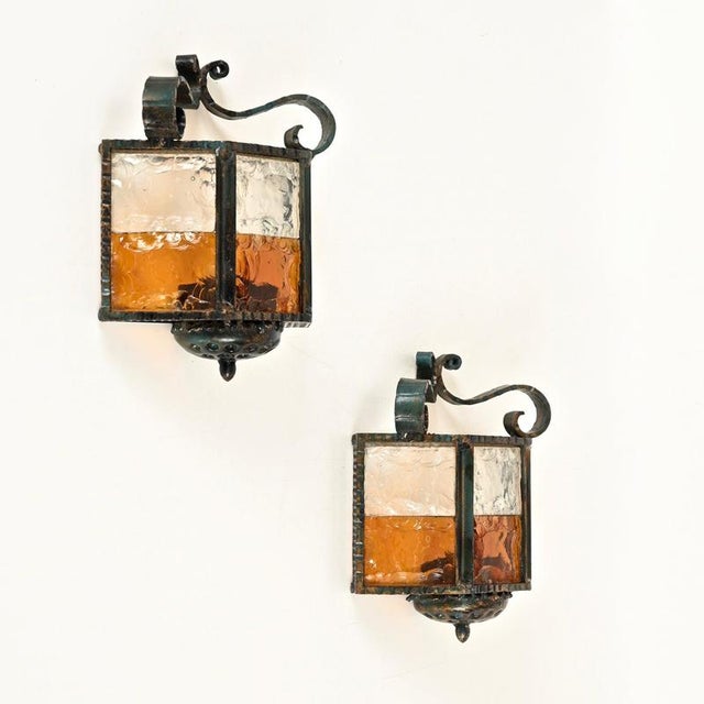 Brutalist Brutalist Wrought Iron and Amber Glass Sconces from Longobard, Italy, 1970, Set of 2 For Sale - Image 3 of 16