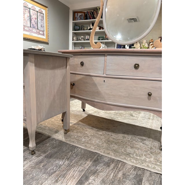 Wood 1940s Birds Eye Maple Dresser and Nightstand With Maple Harp Mirror For Sale - Image 7 of 9