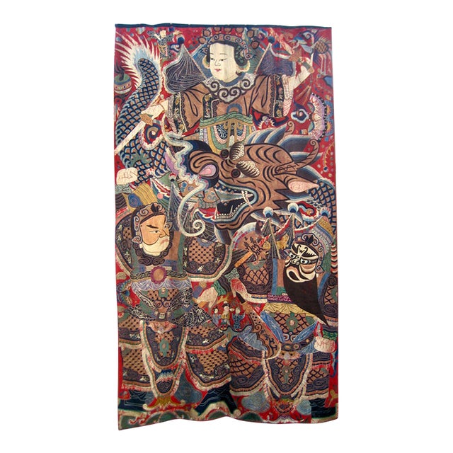 Chinese Large Silk Embroidered Opera Curtain Tapestry 19 Century For Sale