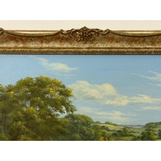 Lush Green English Countryside with Cottage & River by British Landscape Artist 1980 Circa For Sale - Image 4 of 18