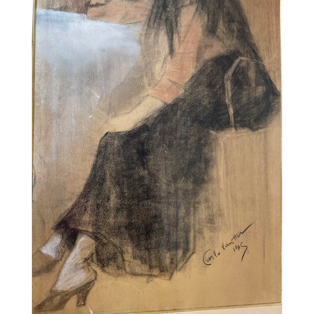 Drawing/Sketching Materials Vintage French Chalk Charcoal Painting - Signed and Professionally Matted and Framed For Sale - Image 7 of 12