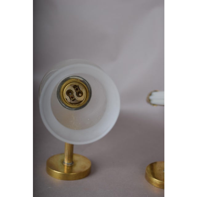 French Blue Opaline Glass and Brass Torch Wall Sconces with Glass Shades, 1950s, Set of 2 For Sale - Image 4 of 15