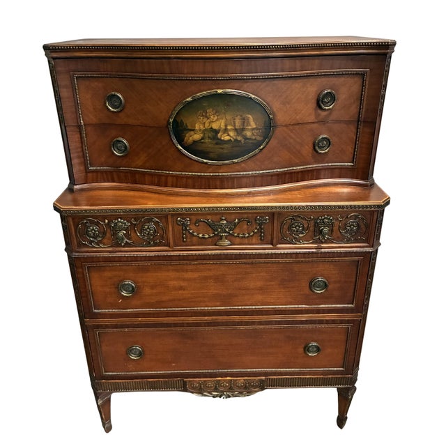 Early 20th Century Neoclassical Mahogany Chest on Chest With Hand-Painted Oval Medallion & Bronze Ormolu For Sale In Charlotte - Image 6 of 12