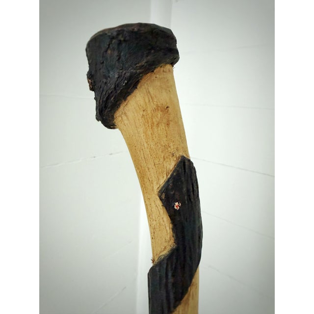 Vintage Hand-Carved Snake Walking Cane in Wood With Black Spiral Folk Art Design For Sale - Image 4 of 12