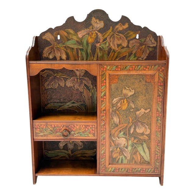 Aesthetic Movement Wall Cabinet with Hand-Painted Floral in Walnut, 1890s For Sale