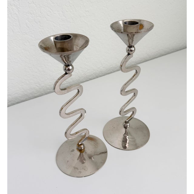 1980s 1980s Memphis Style Zig Zag Chrome Candlesticks - A Pair For Sale - Image 5 of 8