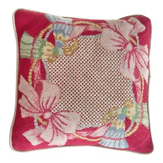 Vintage Needlepoint With Pink Bows Pillow For Sale