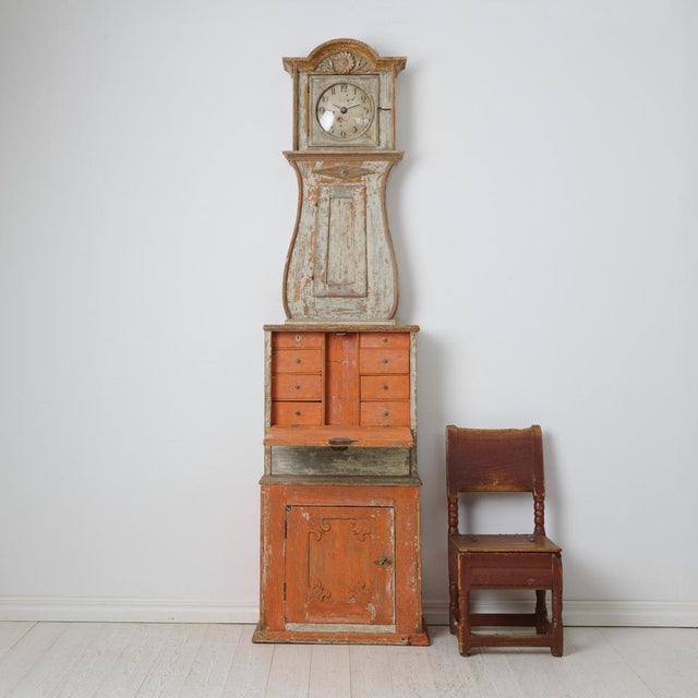 Swedish Narrow Longcase Clock Cabinet with Bureau and Drawers For Sale - Image 3 of 14