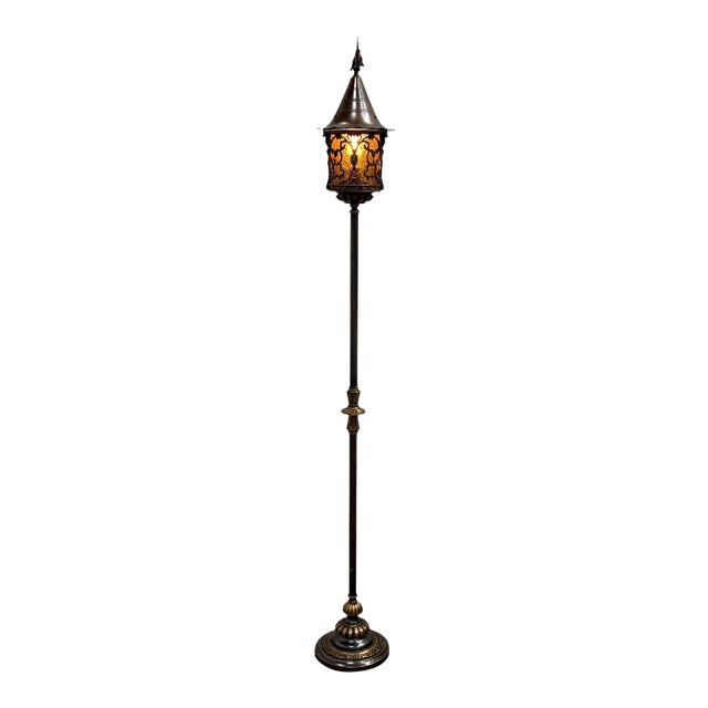 1920s Cast Bronze Spanish Revival Floor Lamp With Original Crackle Glass #2613 For Sale