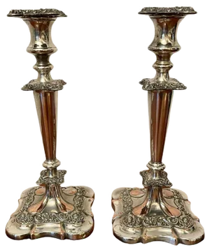 Large Victorian Sheffield Plated Ornate Candlesticks, Set of 2