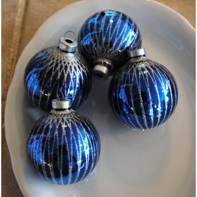 Mid 20th Century Vintage Mercury Glass and Mica Blue Christmas Ornaments - Box of 4 For Sale - Image 5 of 6