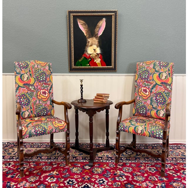~~GORGEOUS Antique Catalan style PAIR of Carved Oak Newly Upholstered Armchairs~~ Classic European charm and with some...