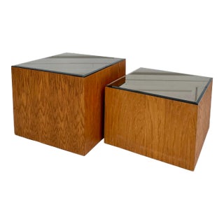 Mid-Century Modern Wood Cube Side Tables With Mirrored Tops - Set of 2 For Sale