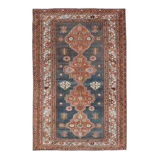 Antique Persian Hamadan Rug With Central Sub-Geometric Medallion in Blue-Gray For Sale