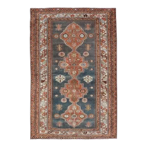 Antique Persian Hamadan Rug With Central Sub-Geometric Medallion in Blue-Gray