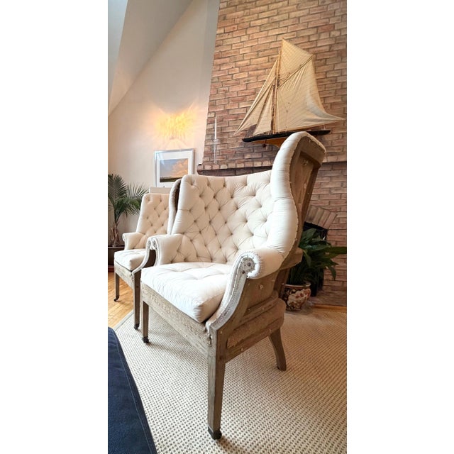English A Pair of Tufted Wingback Chairs in Ivory by Restoration Hardware Attributed to Ralph Lauren Heppelwhite Chairs For Sale - Image 3 of 18