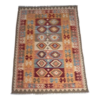 Vintage 1970s Afghan Maimana Kilim Rug – Rust, Mustard Gold, Burgundy & Dusty Blue – 4’ X 6’ For Sale
