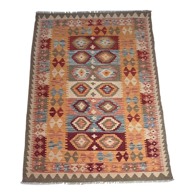 Vintage 1970s Afghan Maimana Kilim Rug – Rust, Mustard Gold, Burgundy & Dusty Blue – 4’ X 6’ For Sale