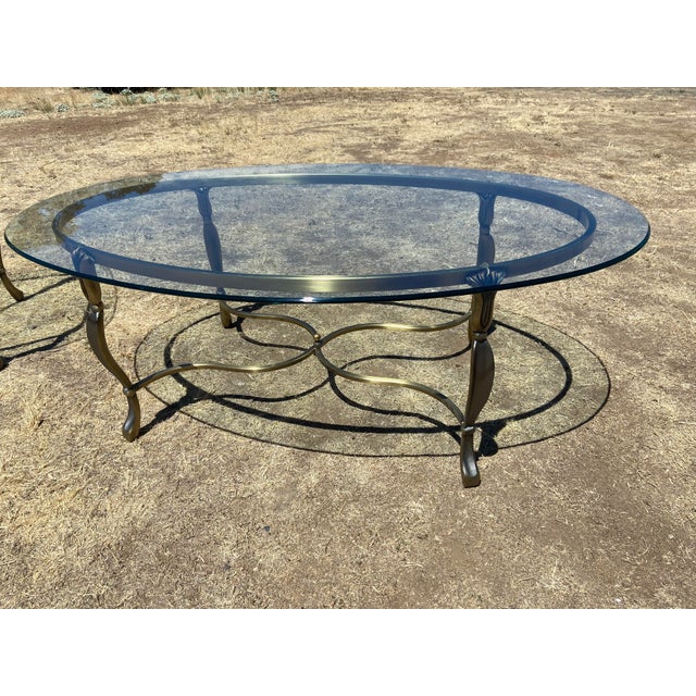 Labarge Vintage Hollywood Regency Style Oval Glass-Top Coffee Table and Side Table Set For Sale - Image 4 of 18