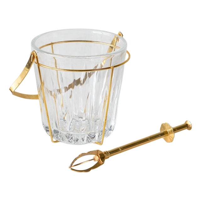 Mid-Century Modern Ice Bucket and Tong in Crystal and Brass, 1940s, Set of 2 For Sale