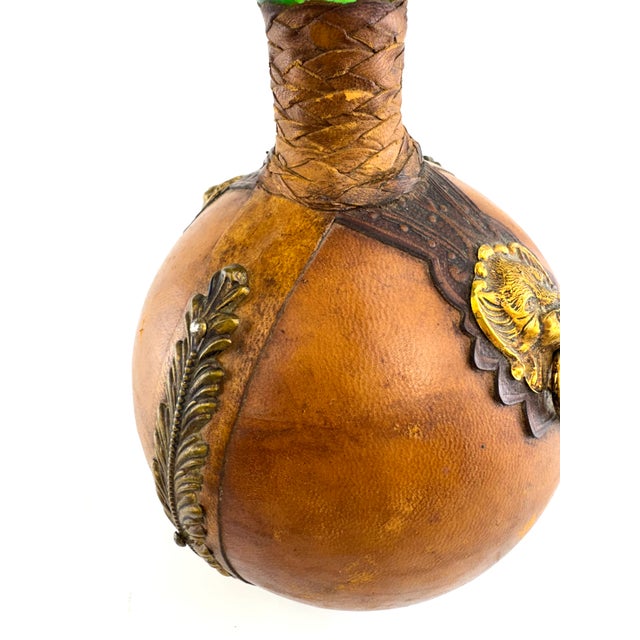 Rustic European 1960s Italian Leather Wrapped Decanter With Lion Head Brass Medallion For Sale - Image 3 of 13