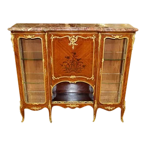 Late 19th Century Marble Top French Ormolu Kingwood Inlaid Marquetry Vitrine Attributed to Linke