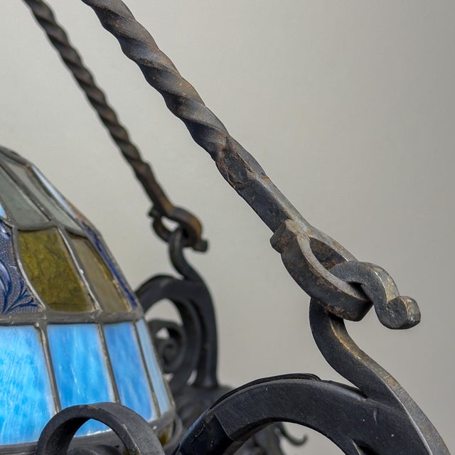 Art Nouveau Revival Wrought Iron Chandelier with Floral Stained Glass, Italy, 1950s For Sale - Image 13 of 18
