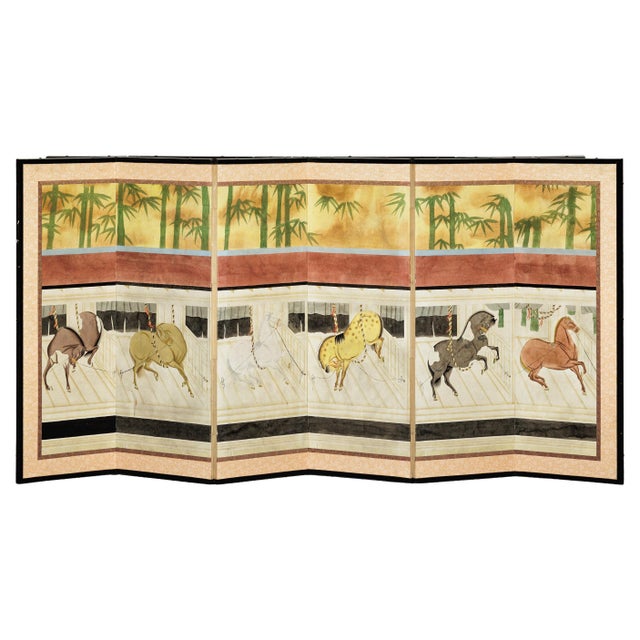 Japanese Inspired Six-Panel Screen with Horses in Stable with Bamboo Backdrop For Sale - Image 14 of 18