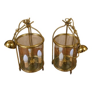 Hanging Lanterns in Polished Brass and Cylindrical Glass, 1950s, Set of 2 For Sale