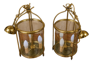 Hanging Lanterns in Polished Brass and Cylindrical Glass, 1950s, Set of 2