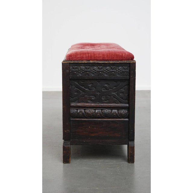 English Bench with Wood Carvings and Red Fabric Padded Seat For Sale - Image 5 of 12