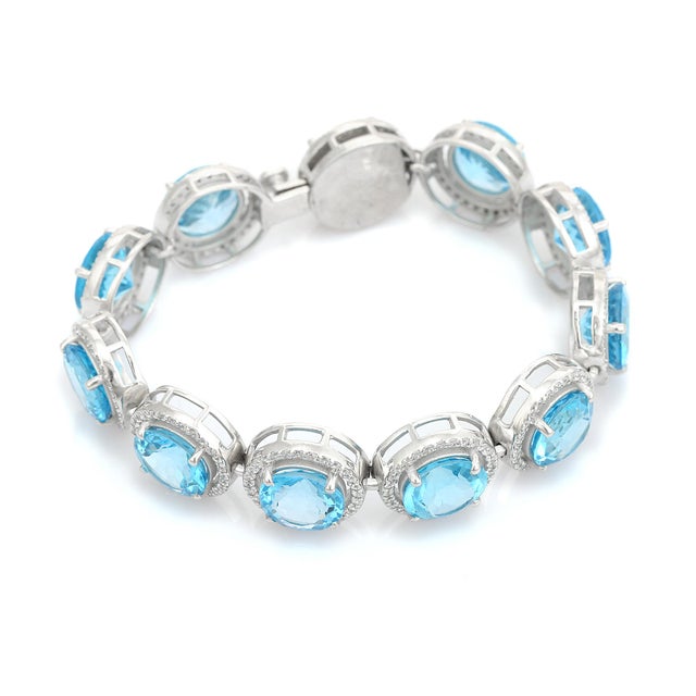Metal Modernist Boho Bracelet in 925 Sterling Silver in Round Blue Topaz For Sale - Image 7 of 10