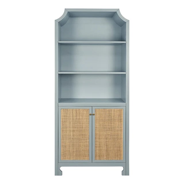 Matthew Izzo Home Claudia Light Blue and Caned Door Etagere For Sale