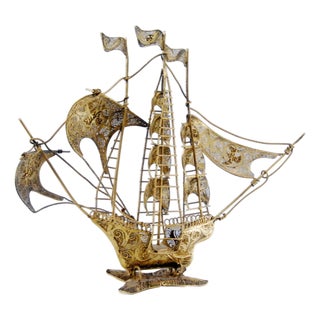 Caravel Model in Gilded Silver Filigree with Enameled Crosses on the Sails and Resting on Scalloped Base For Sale