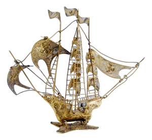 Caravel Model in Gilded Silver Filigree with Enameled Crosses on the Sails and Resting on Scalloped Base