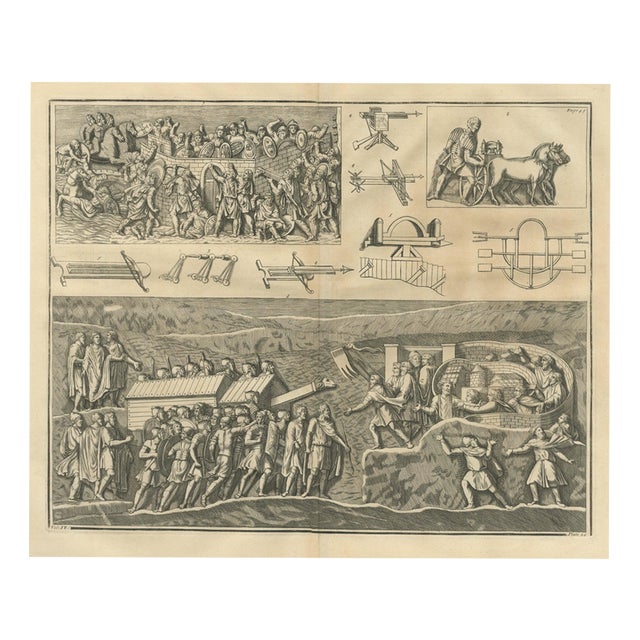 Bernard de Montfaucon, Roman Bolt Engines and a Ram Under a Shed, Montfaucon Siege Plate, 1722, Engraving For Sale
