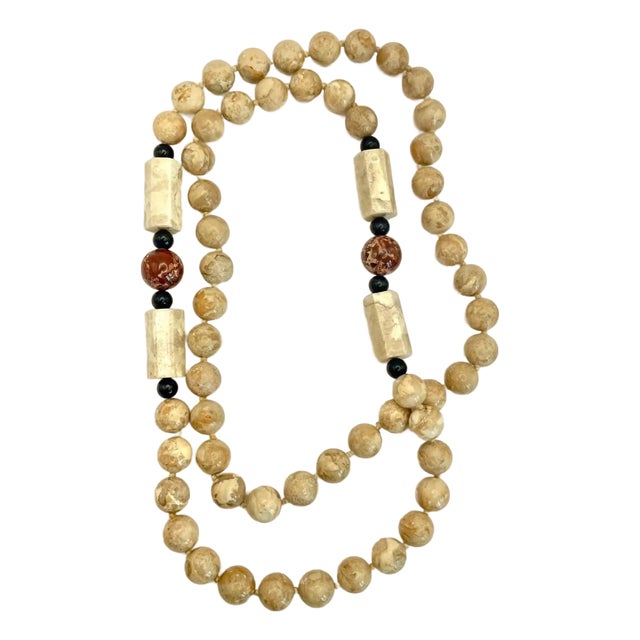 Chunky Fossil & Red Brecciated Jasper Bead Necklace 1990s Individually Knotted 32” For Sale